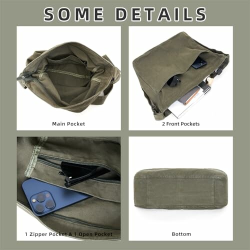 Image showing bag features: main pocket, two front pockets, zipper and open pocket, and the bottom of the bag.