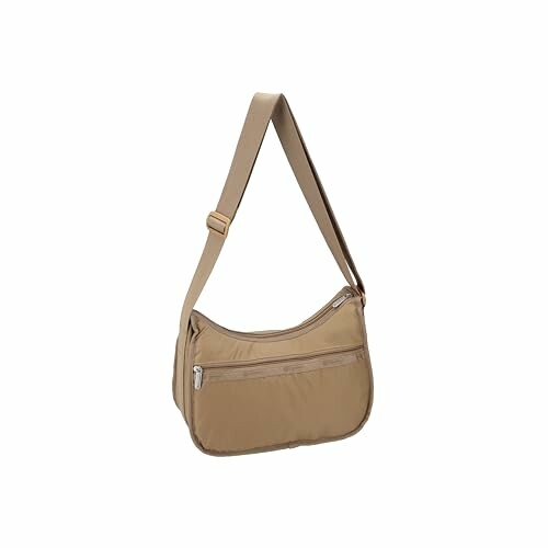 Beige crossbody bag with adjustable strap and front zipper pocket