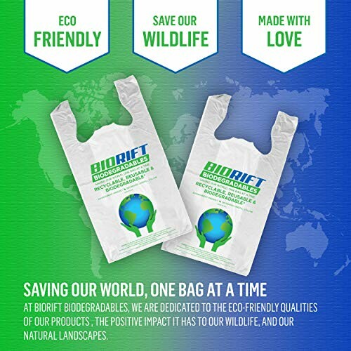 Promotional image for BioRift Biodegradables featuring eco-friendly bags with a world map background.