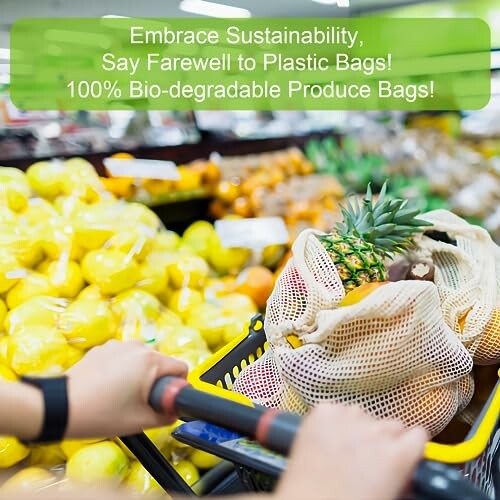 Shopping cart with biodegradable produce bags in a supermarket
