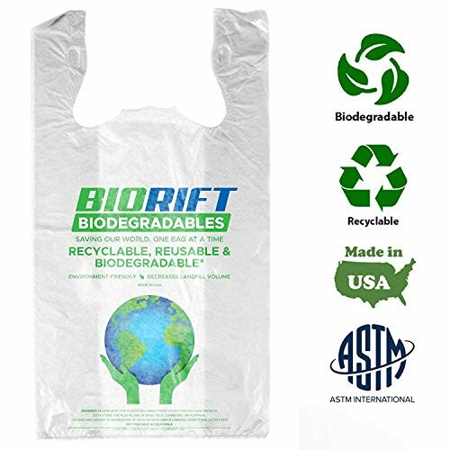 Biodegradable shopping bag with eco-friendly symbols and text.