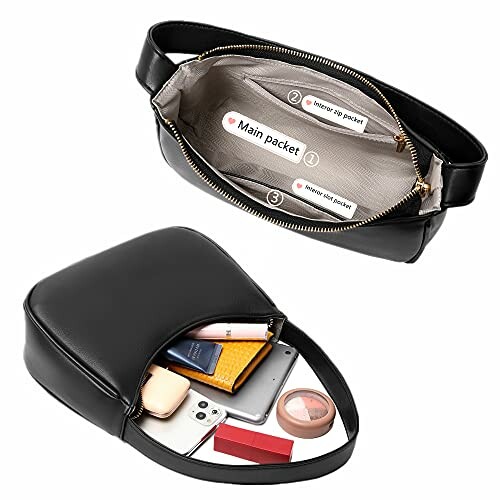 Black leather crossbody bag with open view showing interior pockets and items inside.