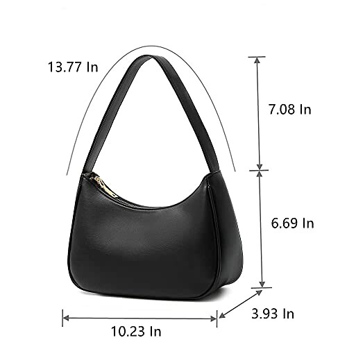 Black leather handbag with dimensions labeled.