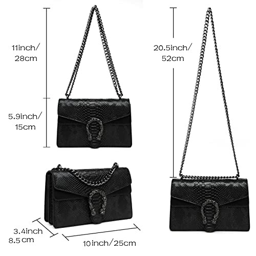 Black leather handbag with chain strap and dimensions.