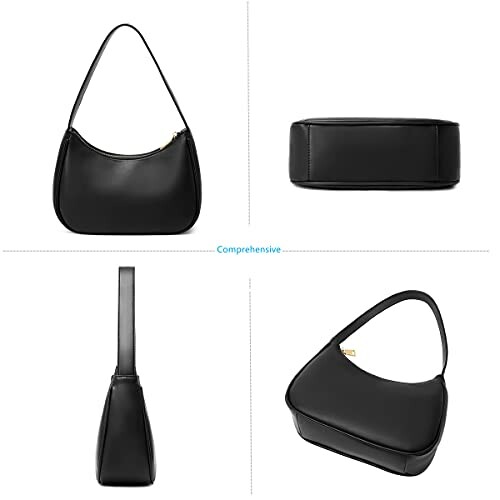 Black leather handbag shown from different angles.