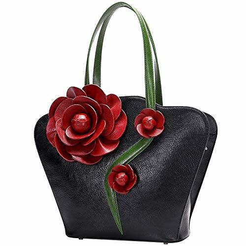 Black leather handbag with red flower decoration