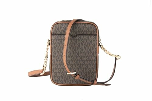 Brown designer crossbody bag with logo pattern and chain strap