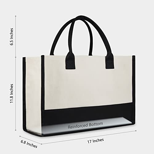Canvas tote bag with reinforced bottom and dimensions.