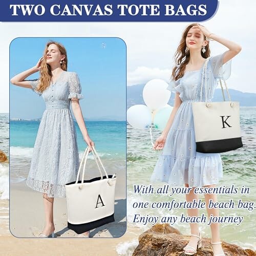 Two women with canvas tote bags on a beach, one bag labeled 'A' and the other 'K'.