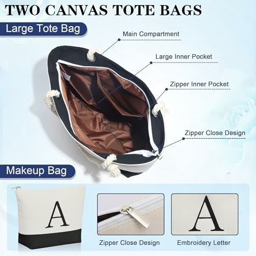 Two canvas tote bags with compartments and zipper close design.