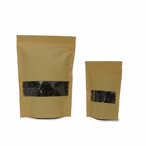 Two brown bags of coffee beans with clear windows