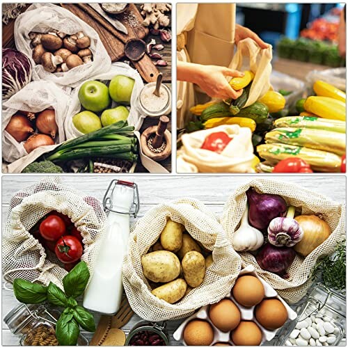 Various fresh produce and groceries in eco-friendly bags.