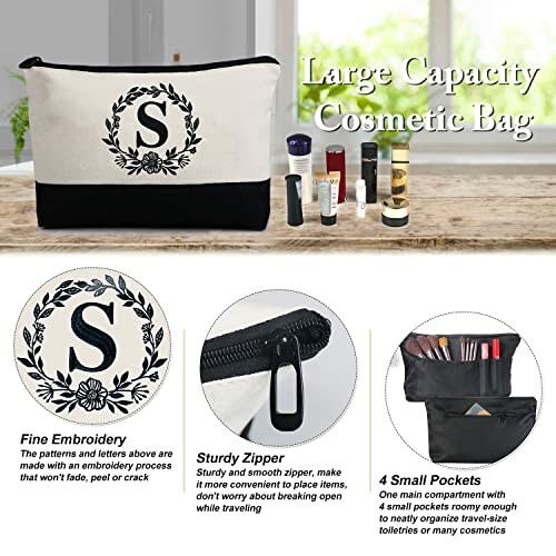 Large capacity cosmetic bag with personalized embroidery, sturdy zipper, and multiple pockets.