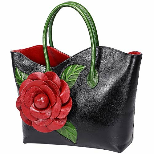 Black leather tote bag with a large red flower decoration