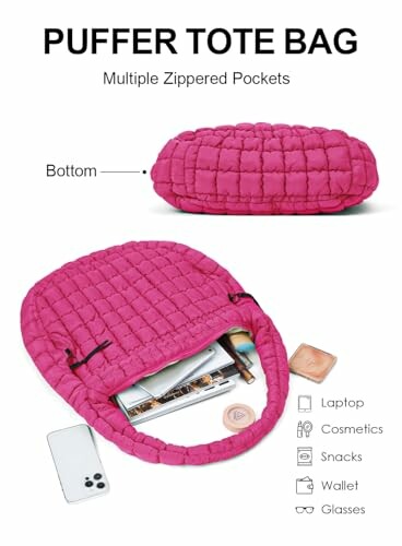 Pink puffer tote bag with multiple zippered pockets, shown with essentials like laptop, cosmetics, snacks, wallet, and glasses.