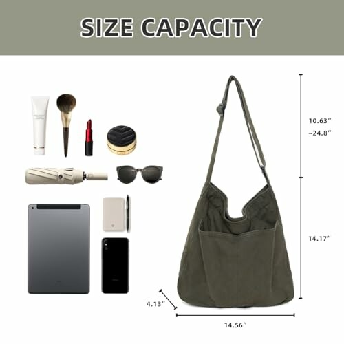 Shoulder bag with items and dimensions displayed