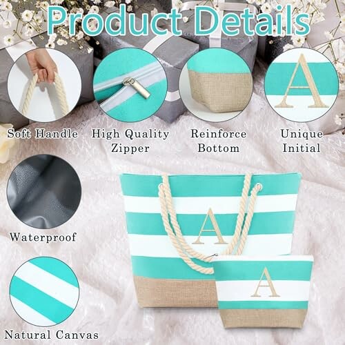 Striped canvas tote bag with features including soft handle, high quality zipper, reinforced bottom, unique initial, waterproof, and natural canvas.
