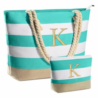 Striped tote bag and pouch with rope handles and letter K.