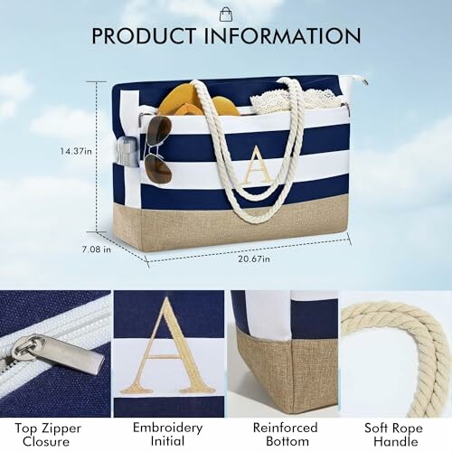 Striped tote bag with initial, features top zipper, embroidered letter, reinforced bottom, and soft rope handle.
