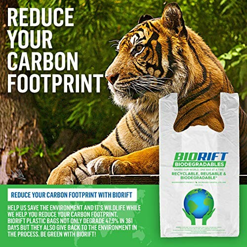 Tiger with Biorift biodegradable bag promoting carbon footprint reduction.