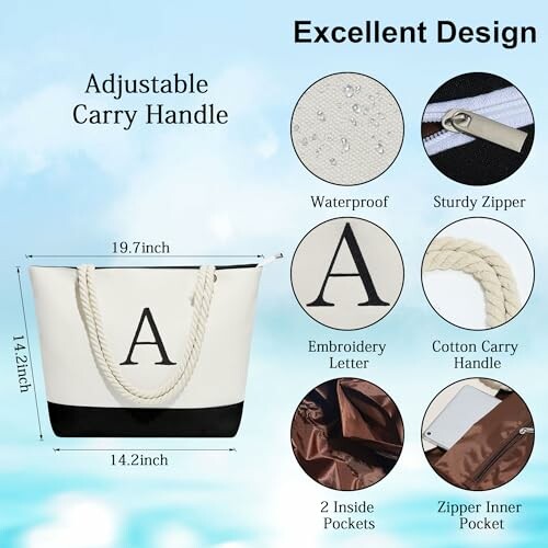 Tote bag with adjustable handle and design features including waterproof material, sturdy zipper, embroidery letter, cotton handle, and inside pockets.