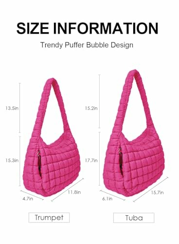 Size information for trendy puffer bubble bags in trumpet and tuba styles.