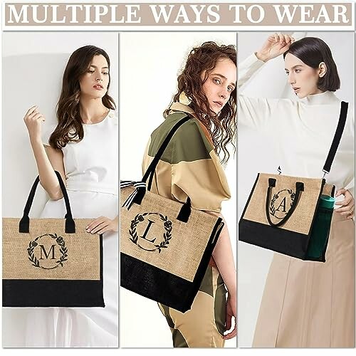 Three women showcasing different ways to wear a versatile tote bag with personalized initials.