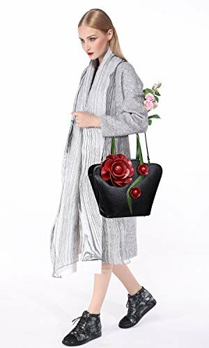 Woman in gray coat with red flower handbag