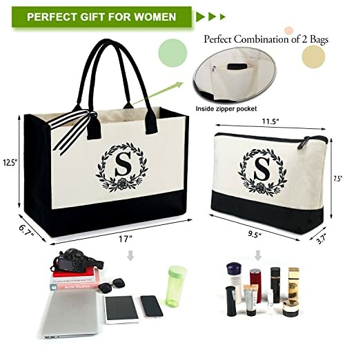 Two-piece women's tote bag set with monogrammed 'S', featuring a larger tote and a smaller pouch, alongside various items like camera and cosmetics.